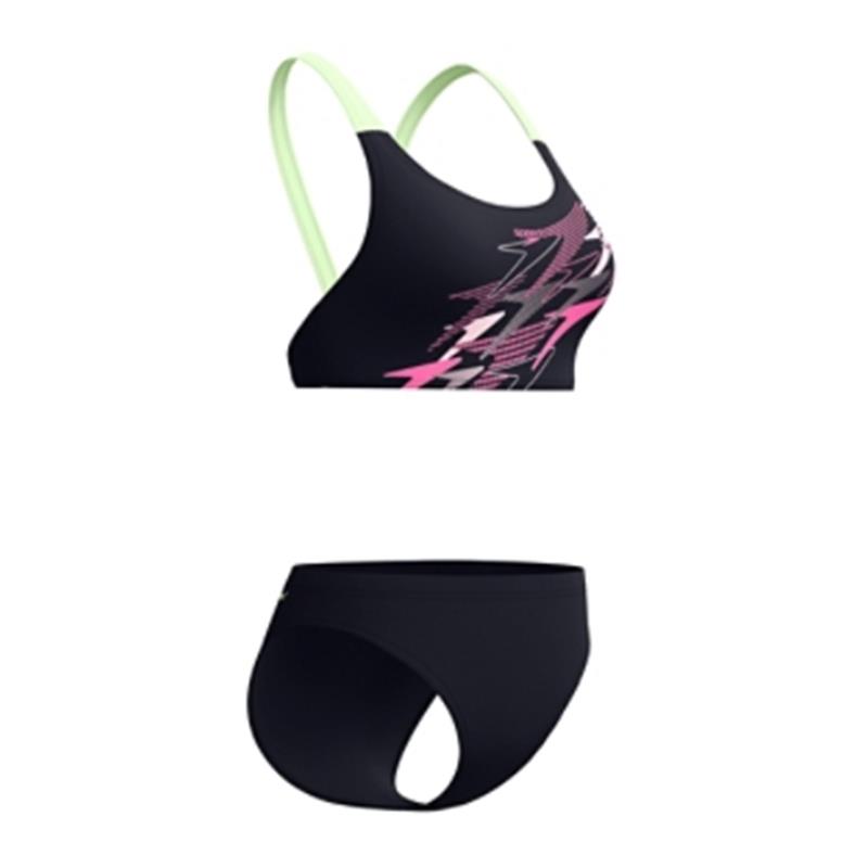 Ženske kopalke MEDLEY LOGO V-BACK TWO PIECE BLACK/LTGRN