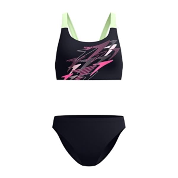 Ženske kopalke MEDLEY LOGO V-BACK TWO PIECE BLACK/LTGRN