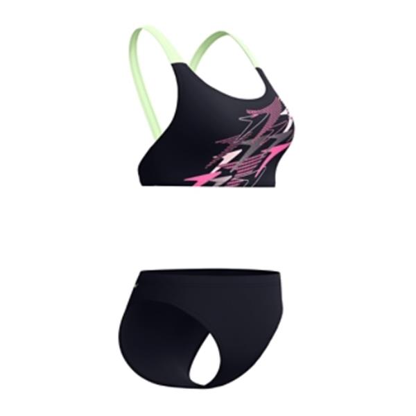 Ženske kopalke MEDLEY LOGO V-BACK TWO PIECE BLACK/LTGRN